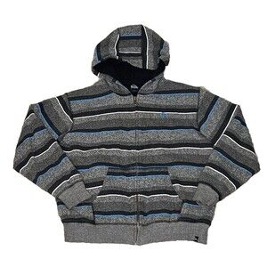 Quicksilver Sherpa Lined Youth‎ Full Zip Gray Striped Hoodie Jacket Youth Medium